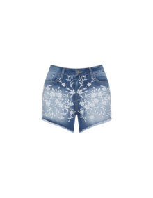 Mat Floral embroidery denim shorts  Blue