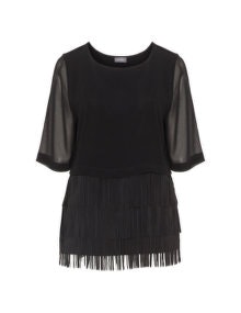 Samoon Fringed chiffon top Black