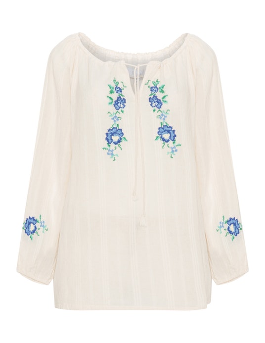 Bessin Embroidered off-the-shoulder tunic Beige / Blue
