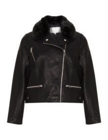 LOST INK Faux fur collar biker jacket Black