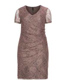 Manon Baptiste Draped lace shift dress Taupe-Grey / Coral-Orange